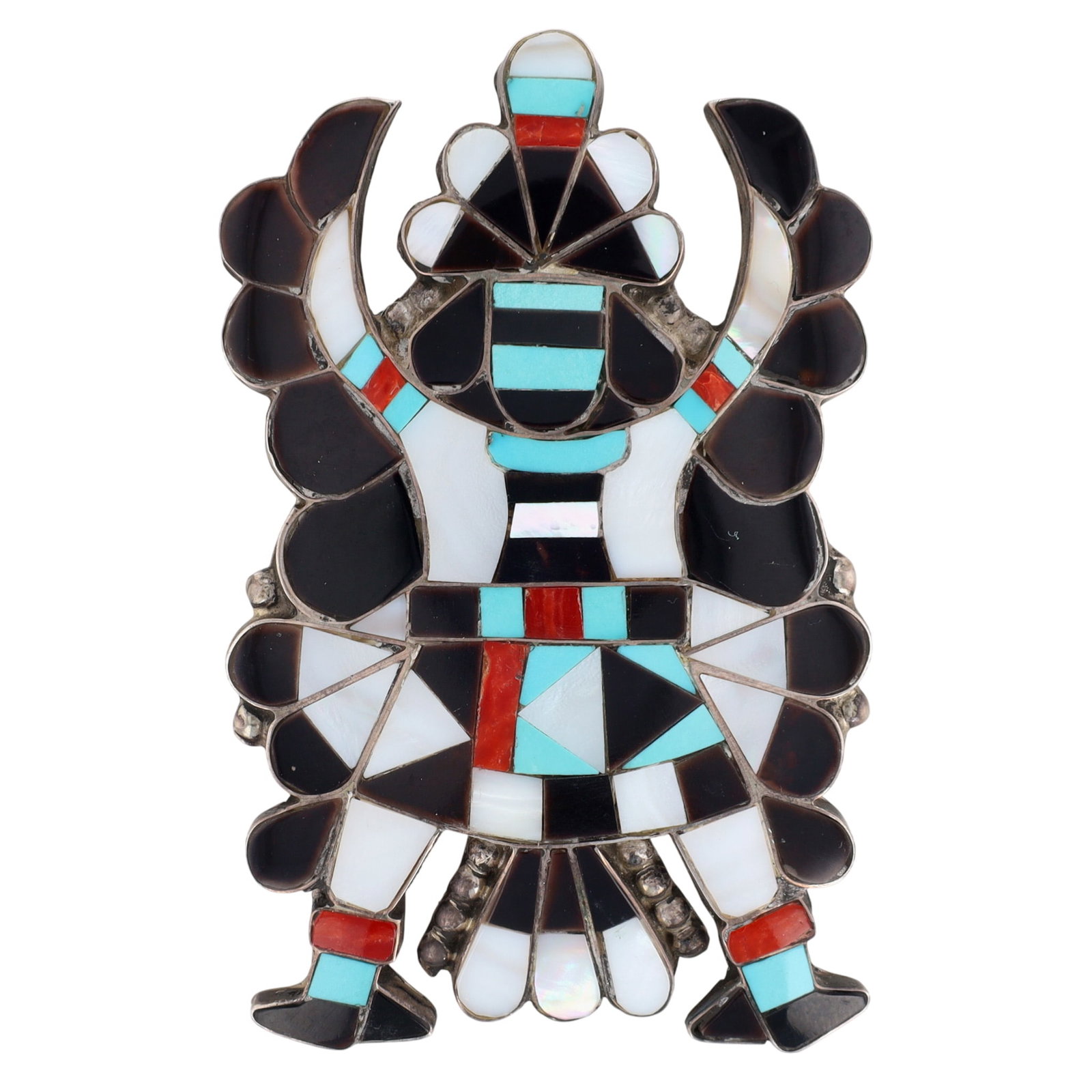Richardson's Trading Post Anna L. Takeka Zuni Sterling Multi-Stone Knifewing Inlay Brooch Pendant: Presented in partnership with the historic Richardson’s Trading Post, a cornerstone of Native American jewelry since 1913. Selected from their archives of rare vintage and contemporary pieces. Anna
