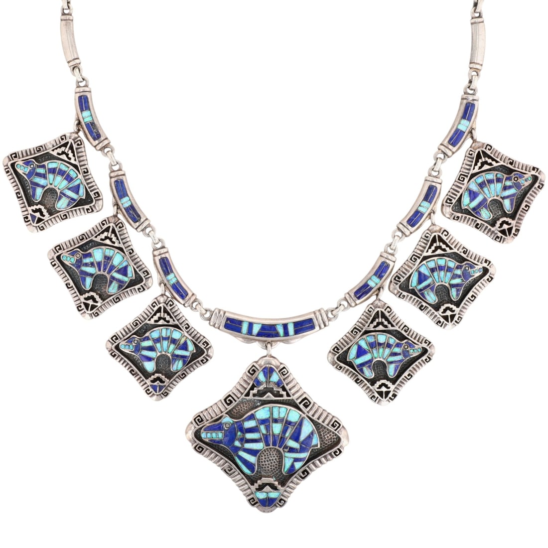 Richardson's Trading Post Signed Vintage Zuni Sterling Multi-Stone Bear Inlay Shadow Box Necklace As (1 of 12)