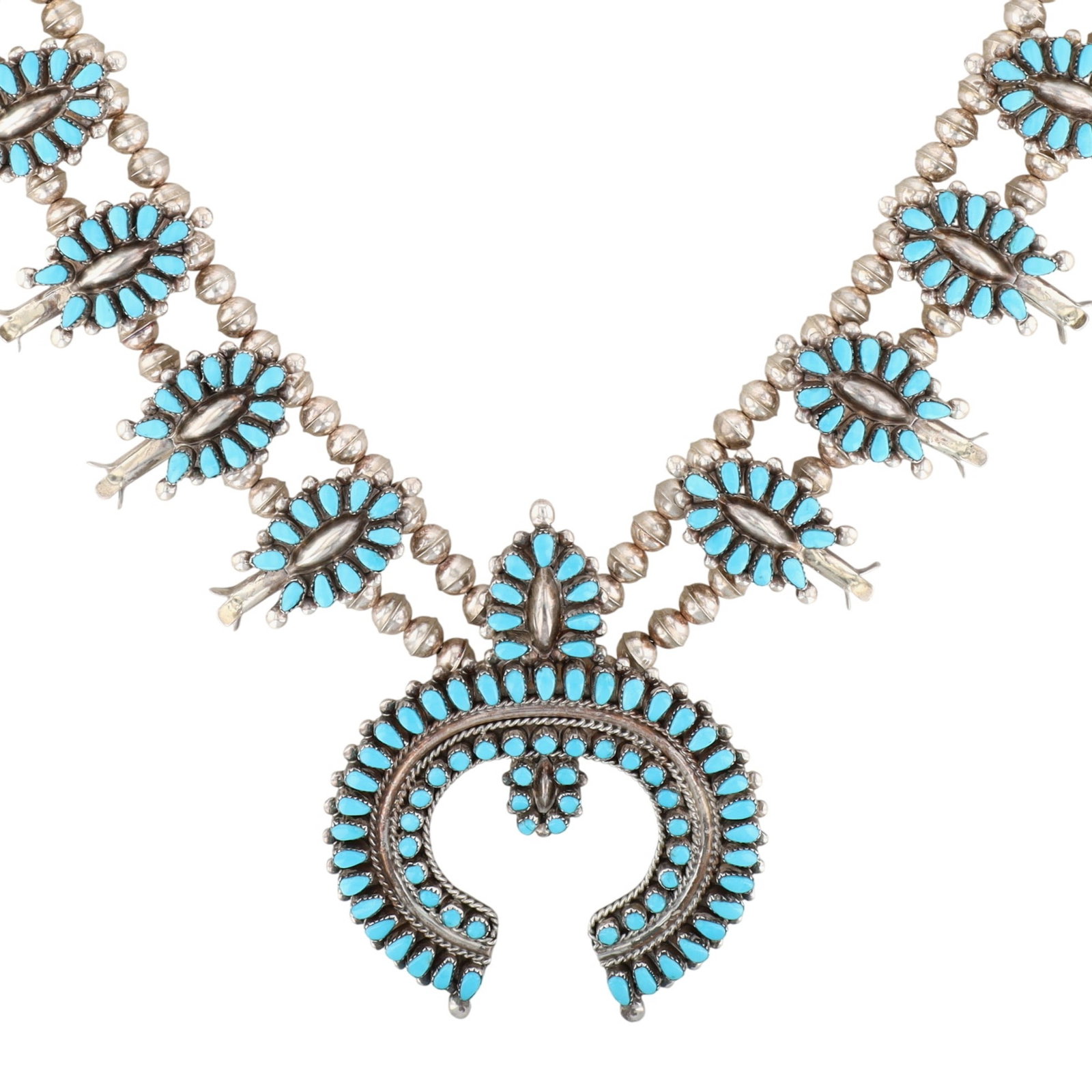Richardson's Trading Post Maryann & Felix Chavez Zuni Sterling Turquoise Squash Blossom: Presented in partnership with the historic Richardson’s Trading Post, a cornerstone of Native American jewelry since 1913. Selected from their archives of rare vintage and contemporary pieces. Marya
