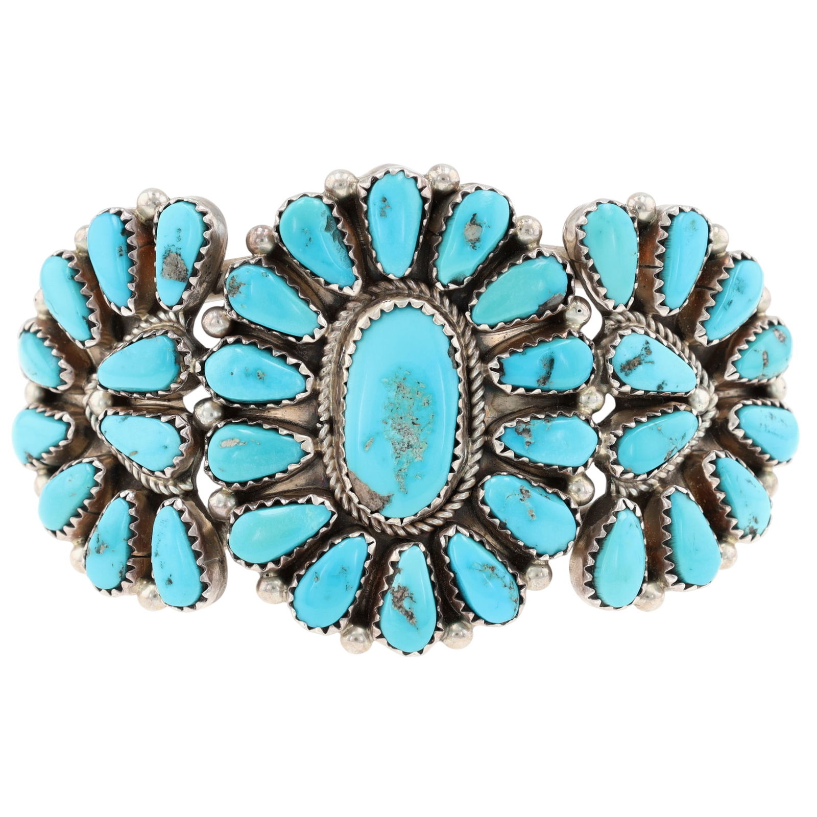Richardson's Trading Post Signed Vintage Zuni Sterling Turquoise Cluster Cuff Bracelet: Presented in partnership with the historic Richardson’s Trading Post, a cornerstone of Native American jewelry since 1913. Selected from their archives of rare vintage and contemporary pieces. Signe