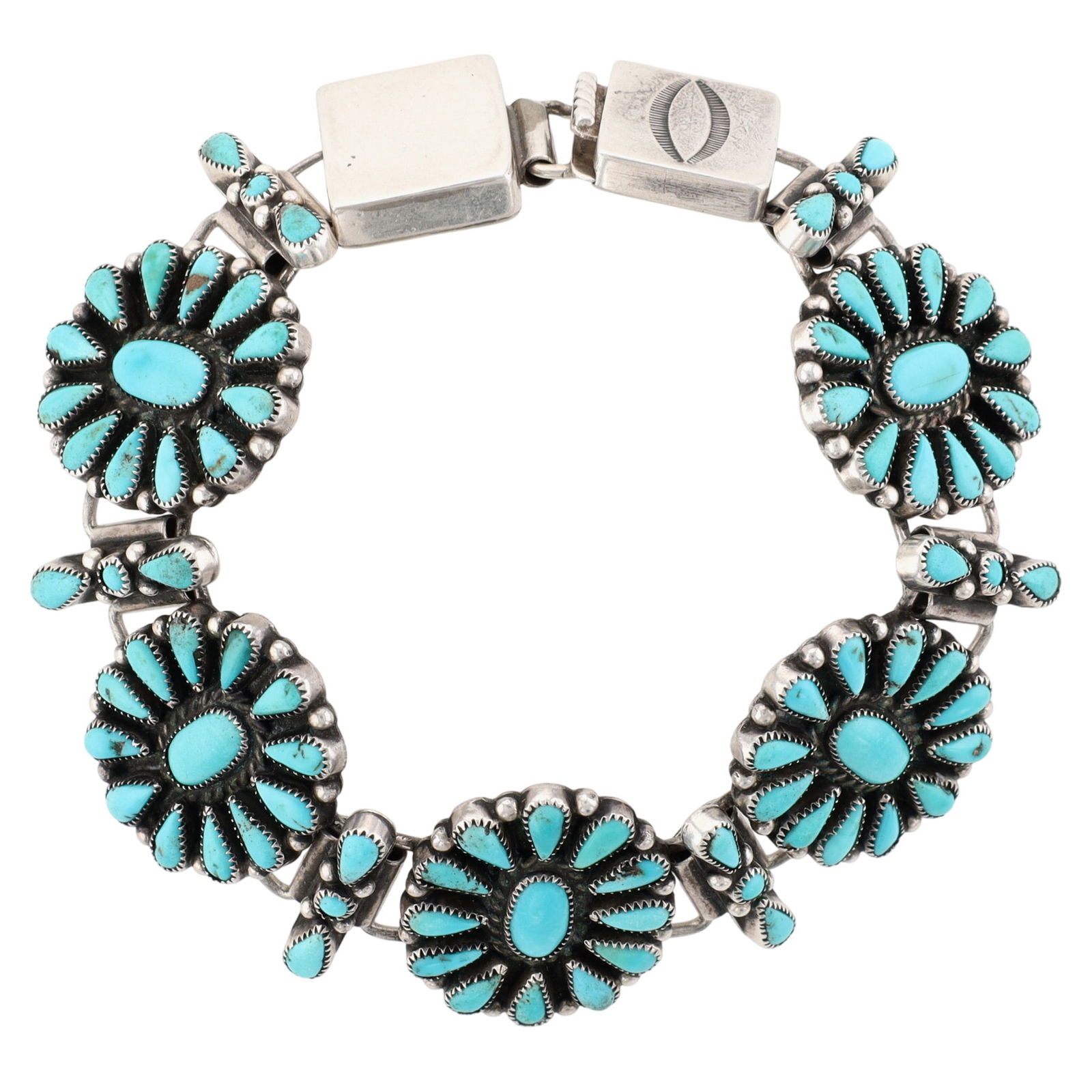 Richardson's Trading Post Vintage 1960s Zuni Sterling Turquoise Clusters Bracelet: Presented in partnership with the historic Richardson’s Trading Post, a cornerstone of Native American jewelry since 1913. Selected from their archives of rare vintage and contemporary pieces. Vinta