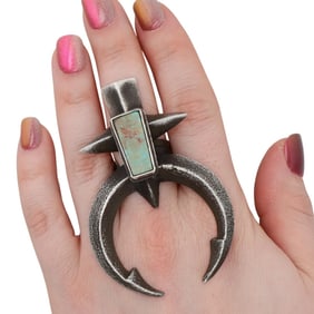 Alonzo John Navajo Tufa Cast Sterling Turquoise Naja Adjustable Ring Sz. 8