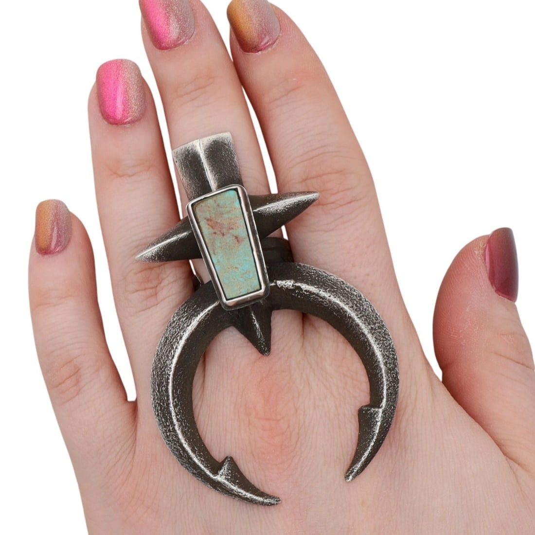 Alonzo John Navajo Tufa Cast Sterling Turquoise Naja Adjustable Ring Sz. 8 (1 of 8)