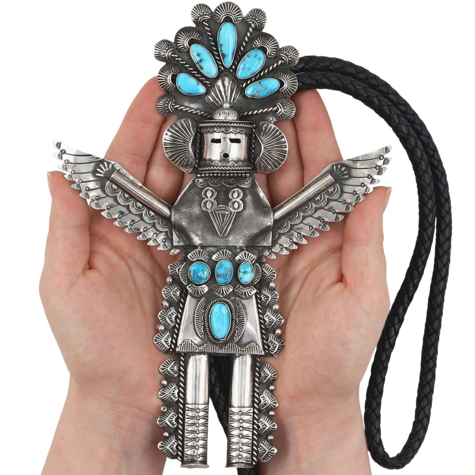 Garrett Hale Navajo Sterling Sonoran Gold Turquoise Knifewing Bolo Tie: Garrett Hale Navajo Sterling Sonoran Gold Turquoise Knifewing Bolo Tie 214g