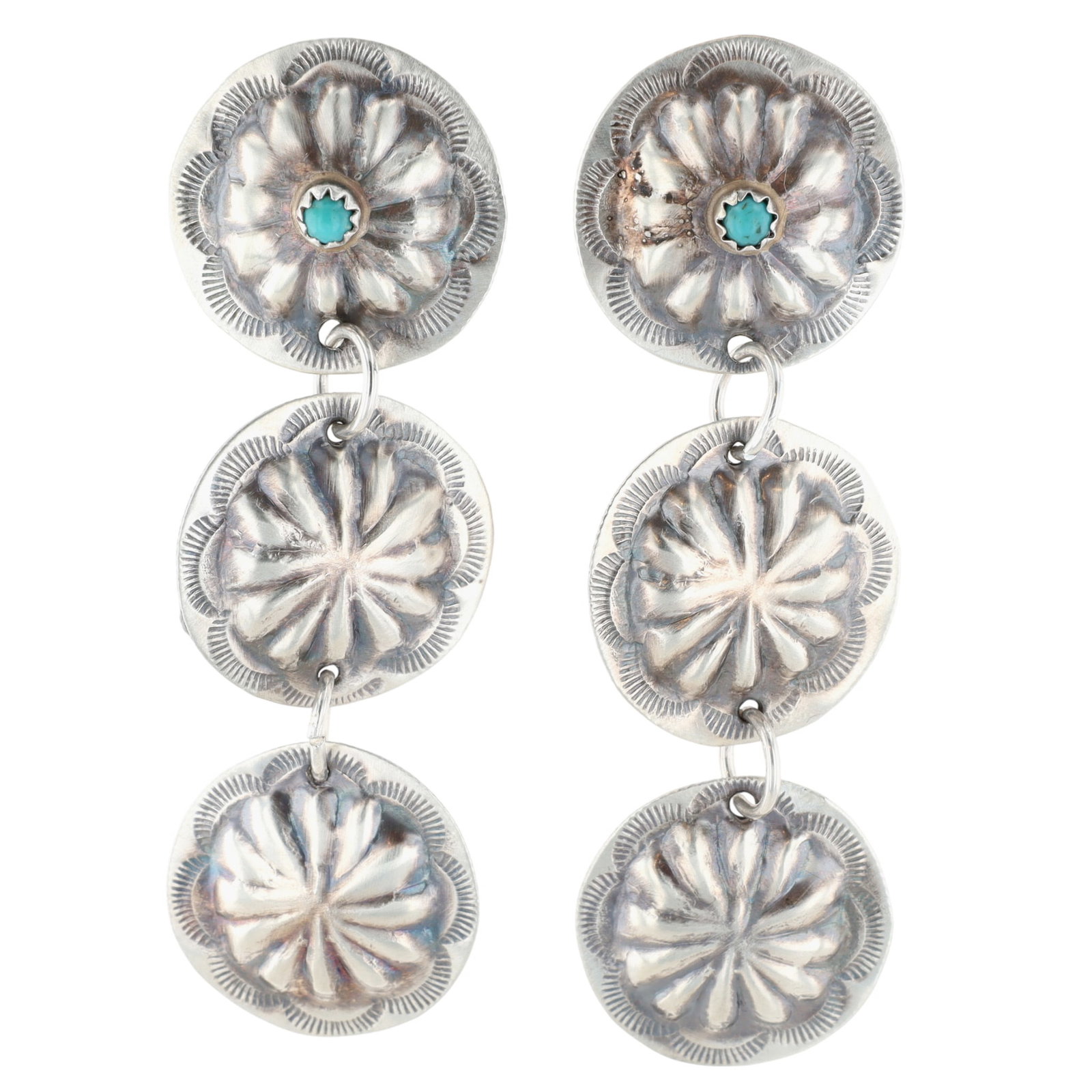 Joan Begay Navajo Sterling Kingman Turquoise Concho Stud Earrings (1 of 4)