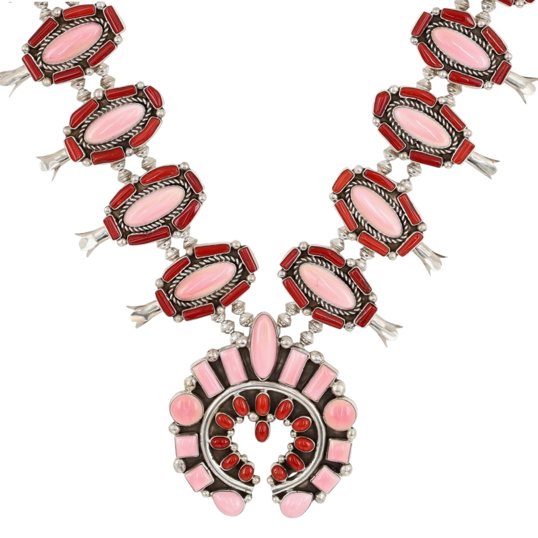 Melvin & Tiffany Jones Navajo Sterling Multi-Stone Squash Blossom Necklace: Melvin & Tiffany Jones Navajo Sterling Multi-Stone Squash Blossom Necklace 369g-Red Coral, Pink Conch-Approx. 30 inches