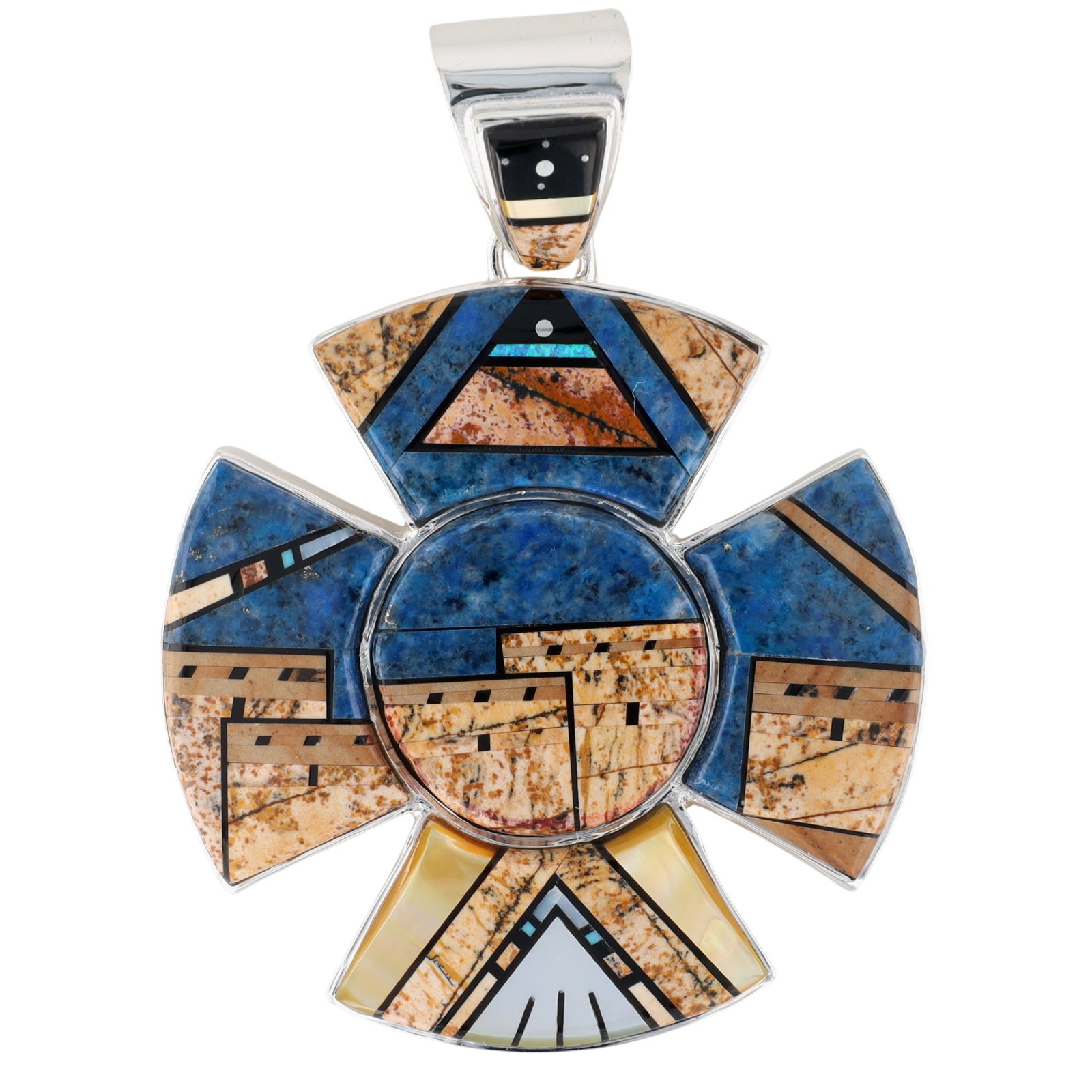 Calvin Begay Navajo Sterling Multi-Stone Blue Sky Pueblo Inlay Cross Pendant (1 of 5)