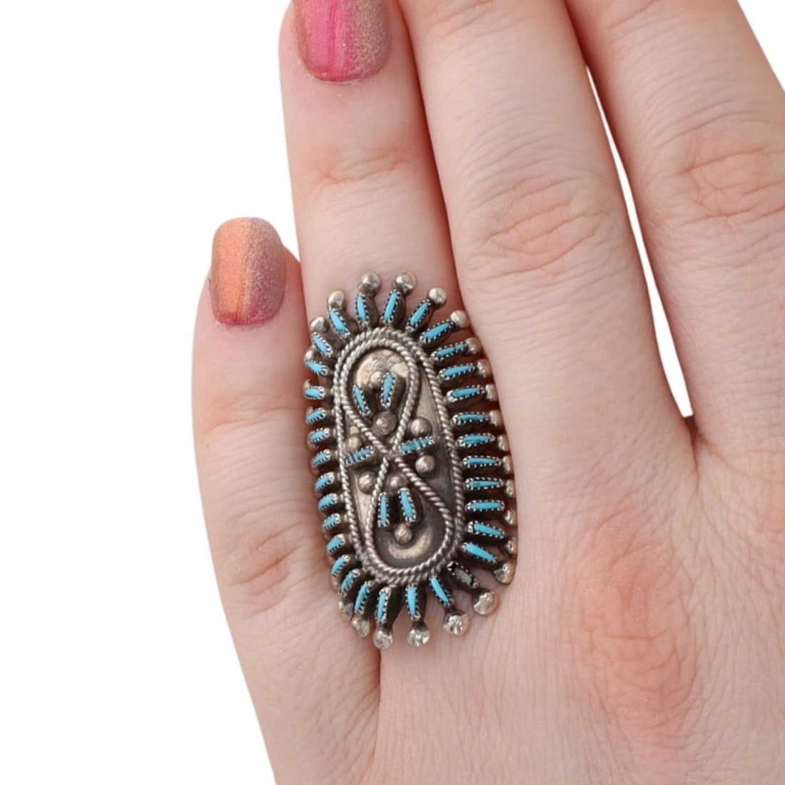 Vincent Johnson Zuni Sterling Needlepoint Kingman Turquoise Cluster Ring Sz. 6.5: Vincent Johnson Zuni Sterling Needlepoint Kingman Turquoise Cluster Ring Sz. 6.5, 8g