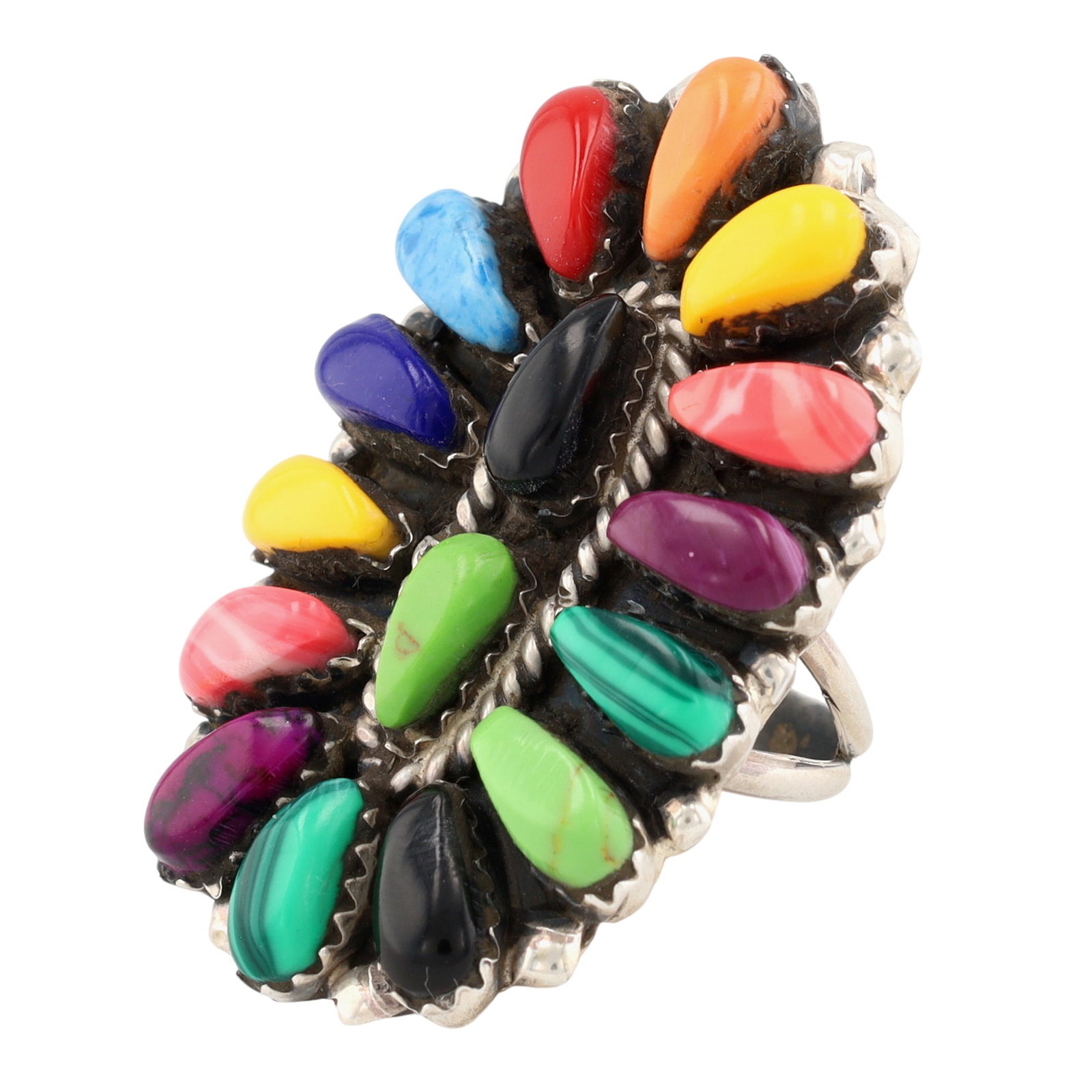 Juliana Williams Navajo Sterling Multi-Stone Cluster Ring Sz. 6: Juliana Williams Navajo Sterling Multi-Stone Cluster Ring Sz. 6, 8g-Malachite, Sugilite, Pink Shell, Jasper, Lapis, Denim Lapis, Coral, Orange Spiny Oyster, Onyx, Gaspeite