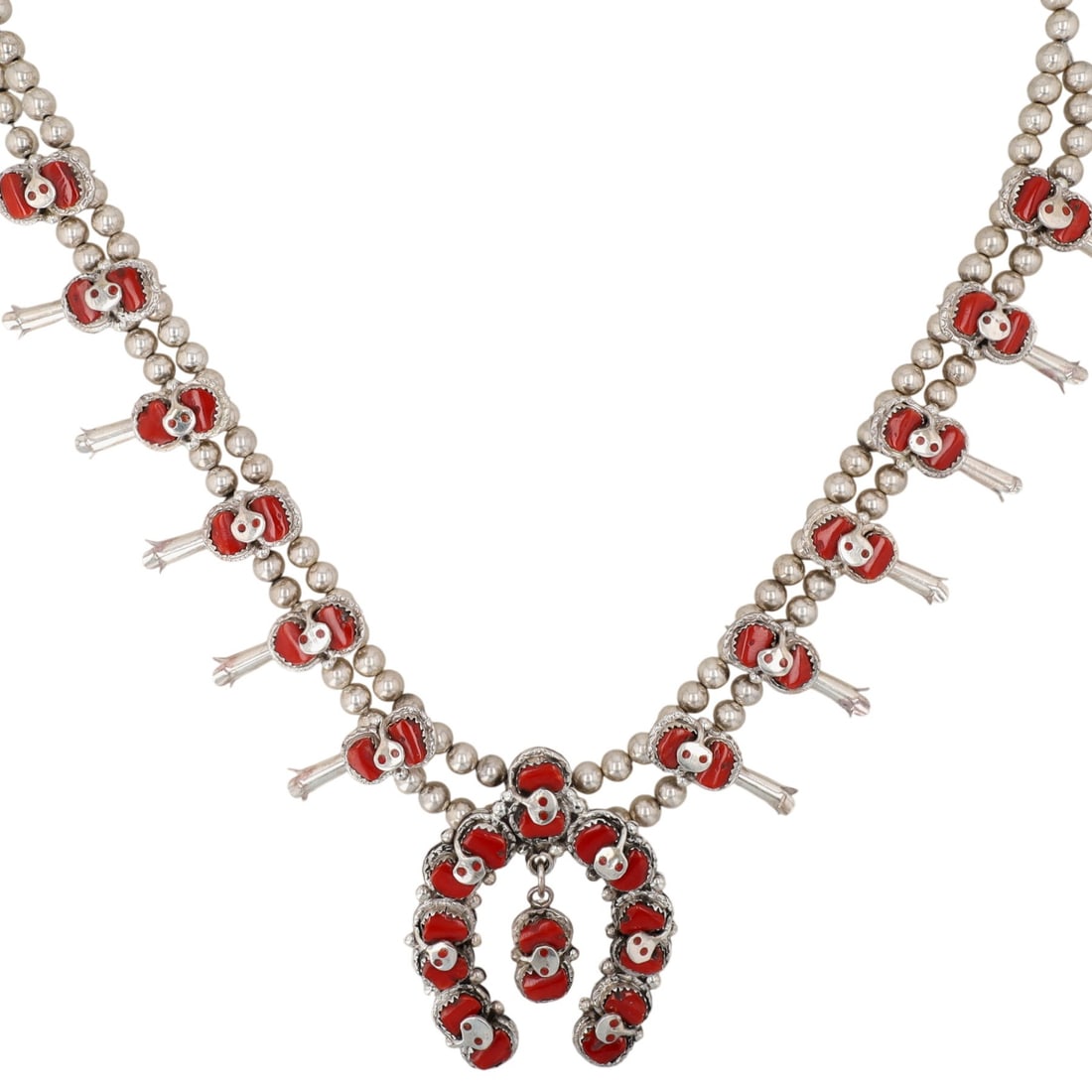 Effie Calavaza Zuni Sterling Red Coral Snake Squash Blossom Necklace (1 of 8)