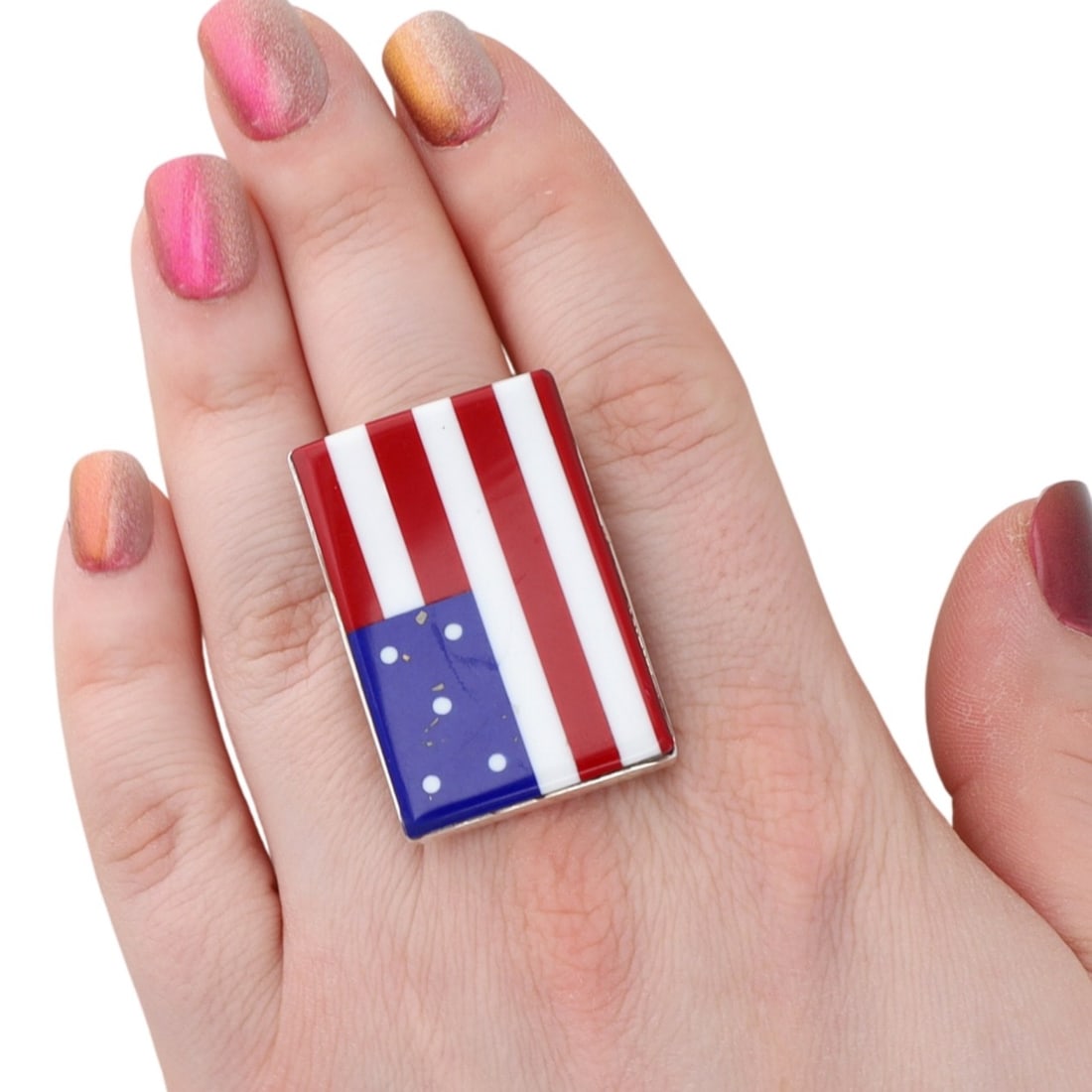 Calvin Desson Navajo Sterling Multi-Stone USA Flag Ring Sz. 9: Calvin Desson Navajo Sterling Multi-Stone USA Flag Ring Sz. 9, 16.5g-Lapis, Polymers