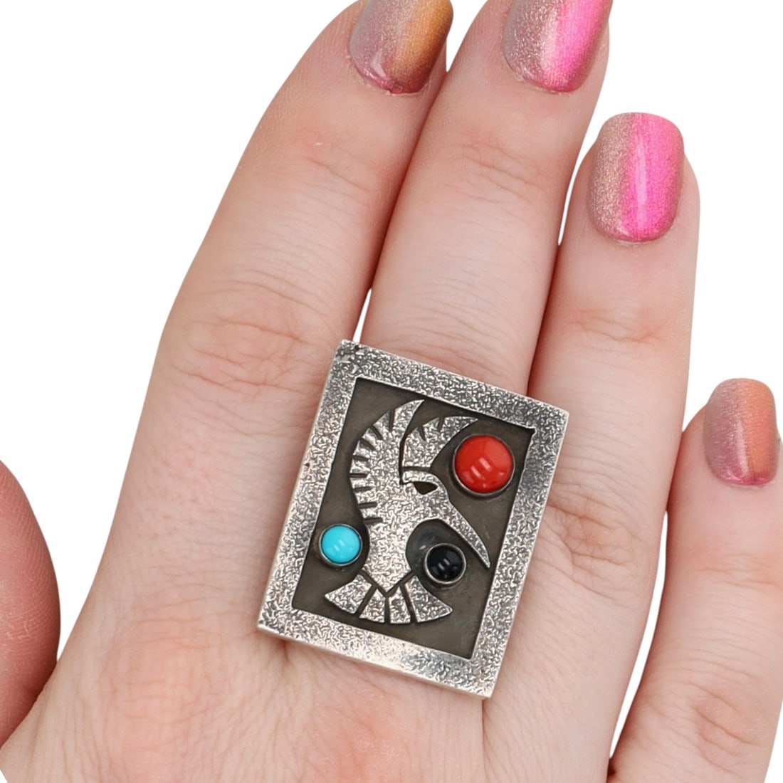 Aaron John Navajo Sterling Multi-Stone Tufa Overlay Hummingbird Ring Sz. 8.5 (1 of 7)