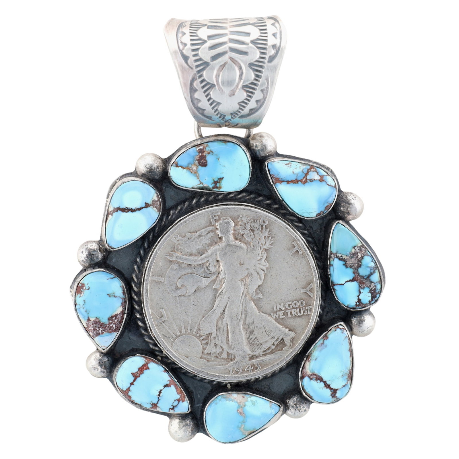 Boyd J. Ashley Navajo Sterling Golden Hills Turquoise Walking Liberty Half Dollar Pendant (1 of 5)