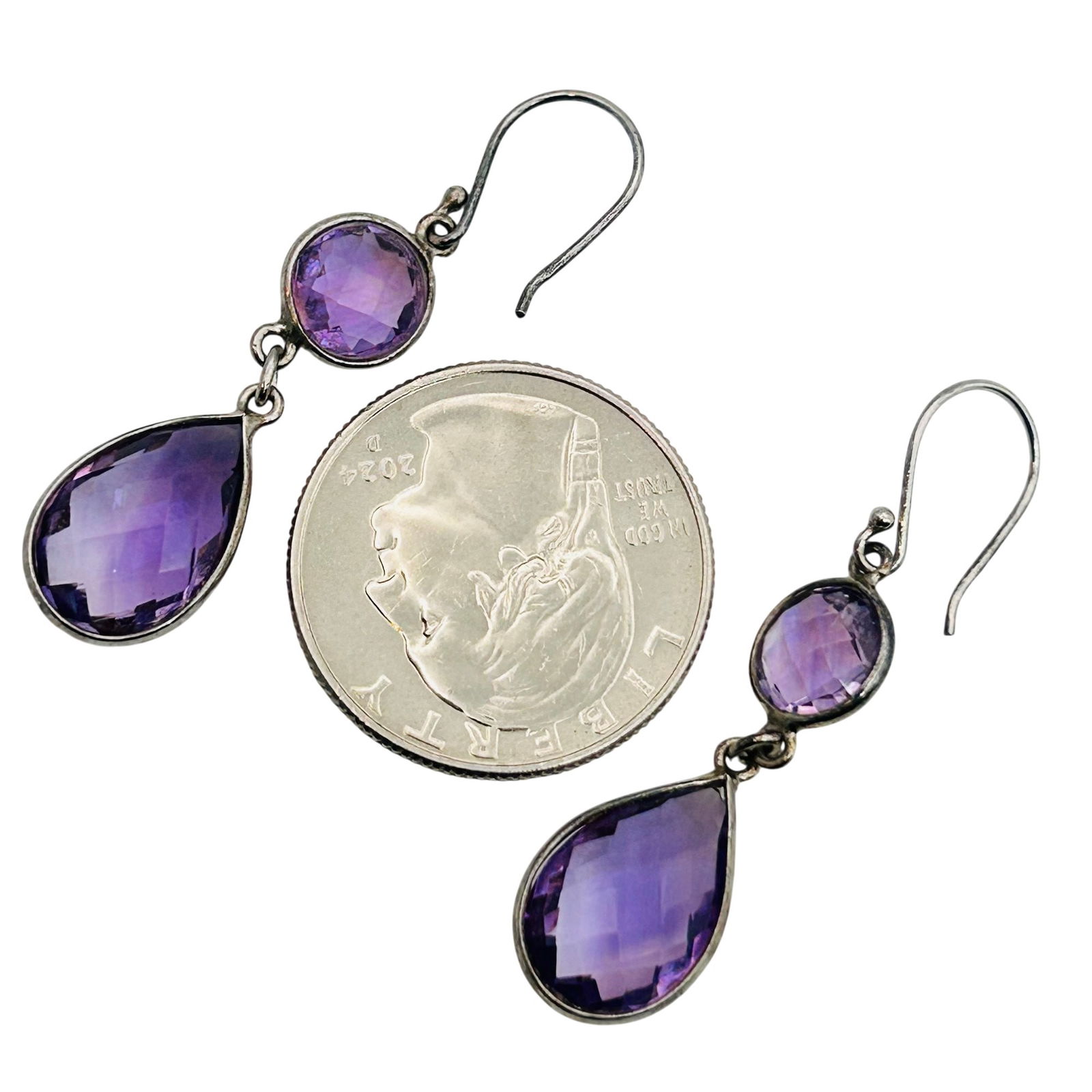 Sterling Amethyst Hook Back Dangle Earrings - 3