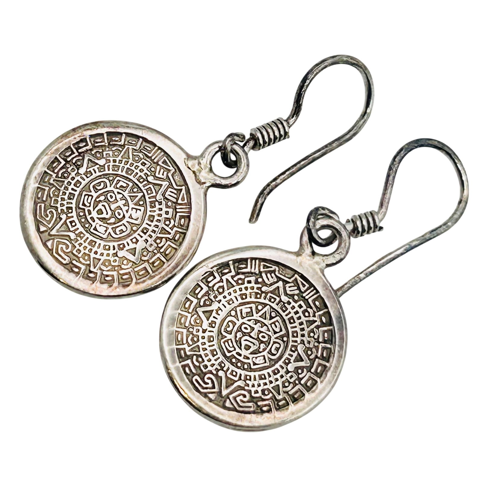 Mexico MD-29 Taxco Sterling Aztec Sun Calendar Earrings (1 of 5)