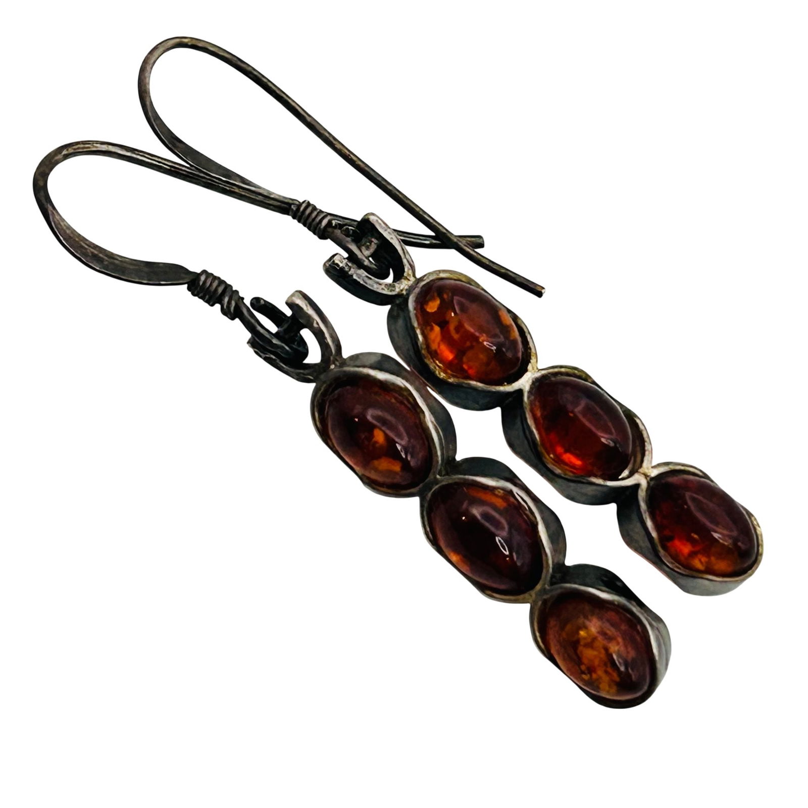 Sterling Amber 3 Stone Hook Back Earrings (1 of 5)