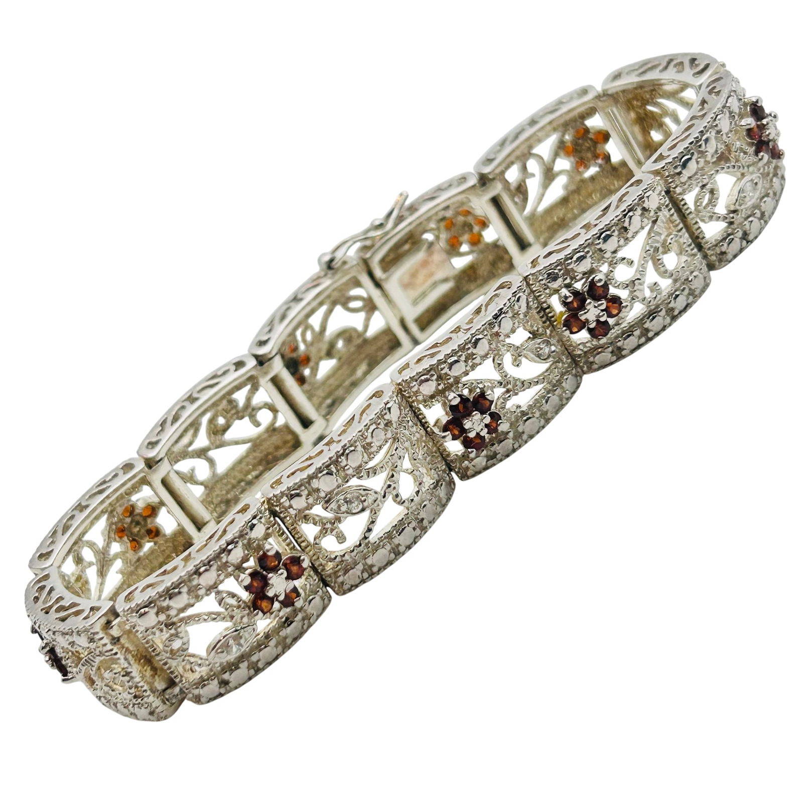 Sterling Rhinestone Flower Filigree Detail Panel Bracelet (1 of 7)