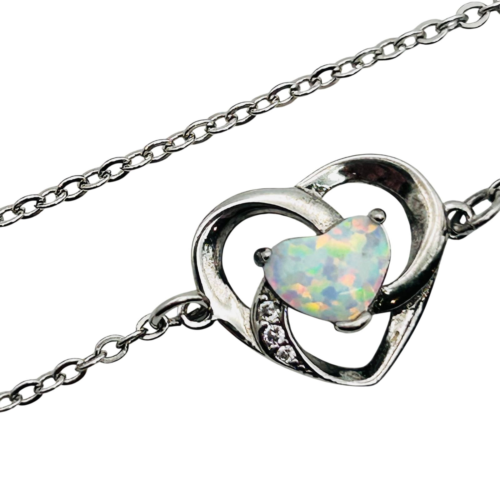 Sterling Opal Heart Charm Cable Chain Bracelet: Sterling opal heart charm cable chain bracelet. 2.40g