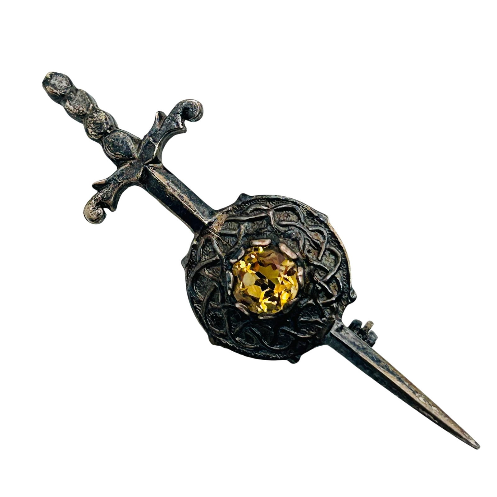 Sterling Citrine Scottish Sword And Shield Pin: Sterling citrine Scottish sword and shield pin. 5.40g