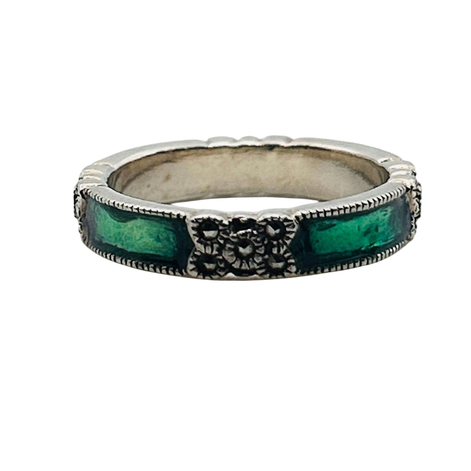 Judith Jack Sterling Marcasite Green Enamel Band Ring. Size 6 (1 of 7)