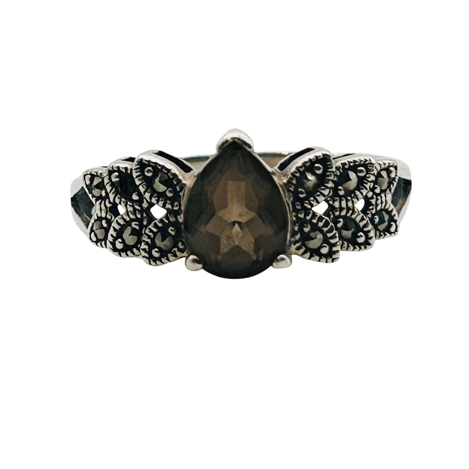 Sterling Smoky Quartz Marcasite Teardrop Ring. Size 10.5 (1 of 9)