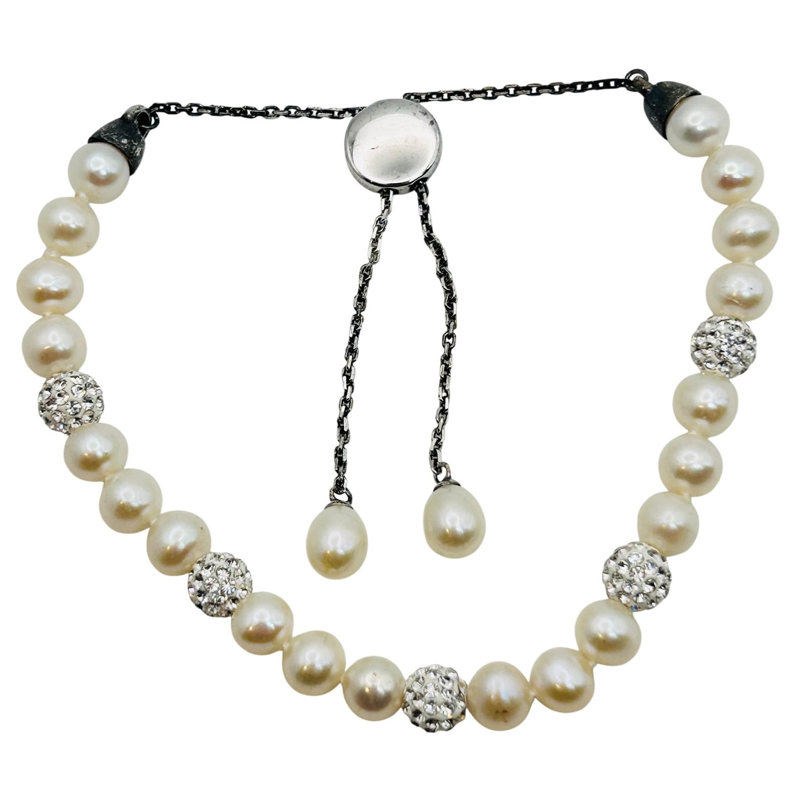 Sterling Pearl And Clear Stone Adjustable Bracelet (1 of 6)
