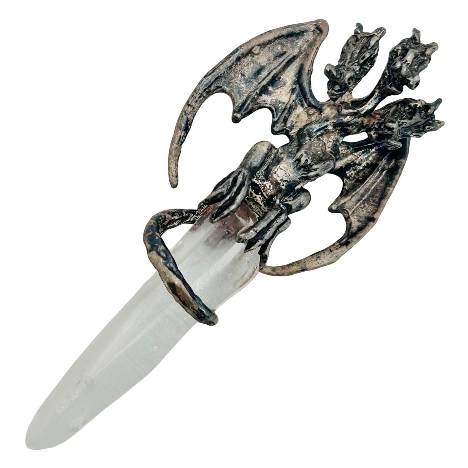 Sterling Quartz Three Headed Dragon Pendant: Sterling quartz three headed dragon pendant. 14.10g