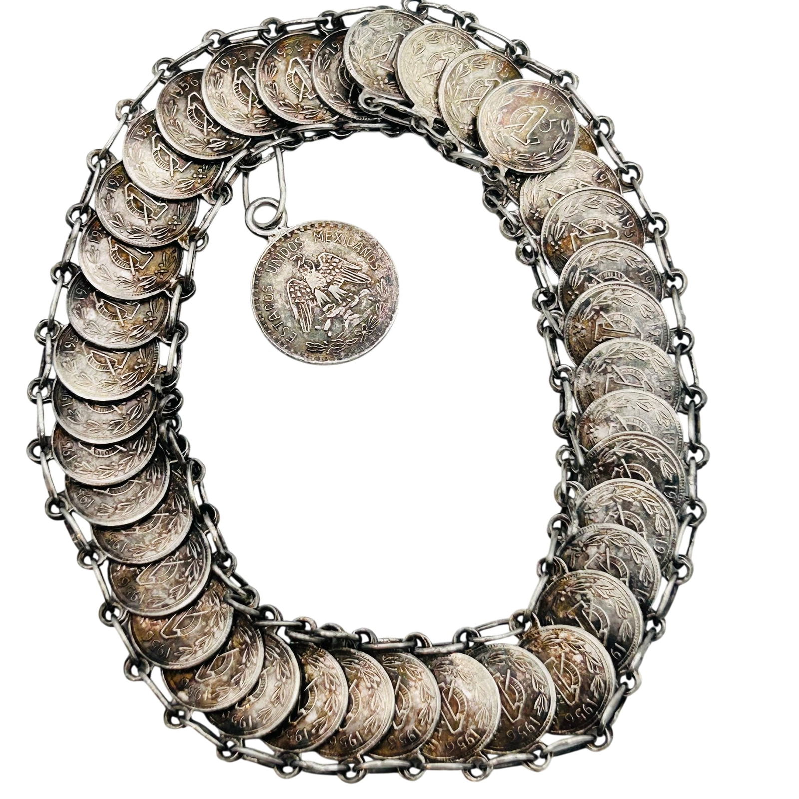 Mexico Sterling 1956 Coin Link Bracelet: Mexico Sterling 1956 coin link bracelet. 14.70g