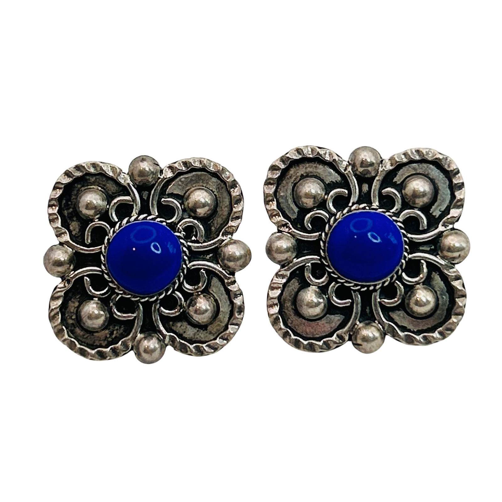 Mexico Sterling Lapis Lazuli Flower Earrings (1 of 6)