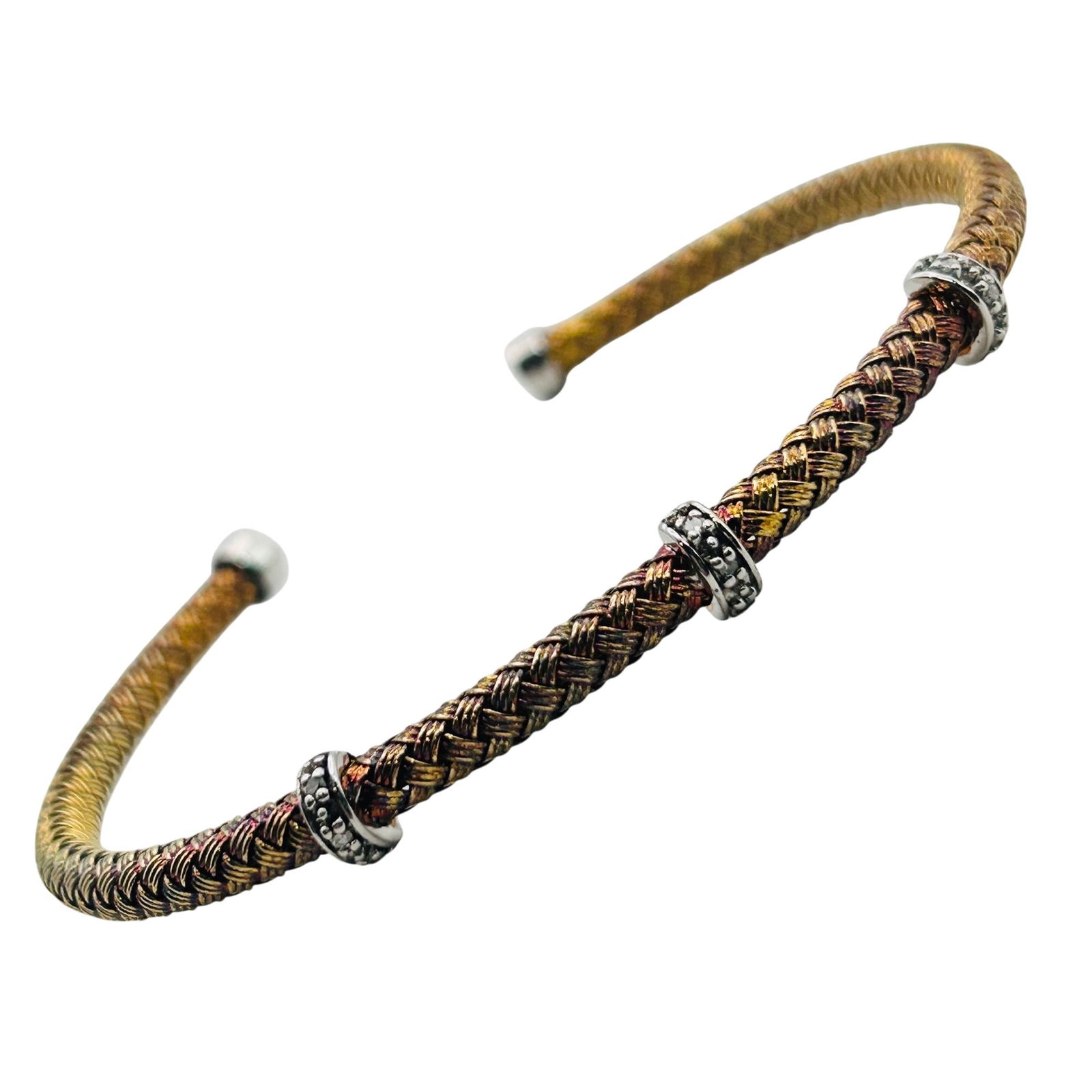 VG Sterling Diamond Accent Woven Cuff Band: VG Sterling Diamond accent woven cuff band. 7.60g