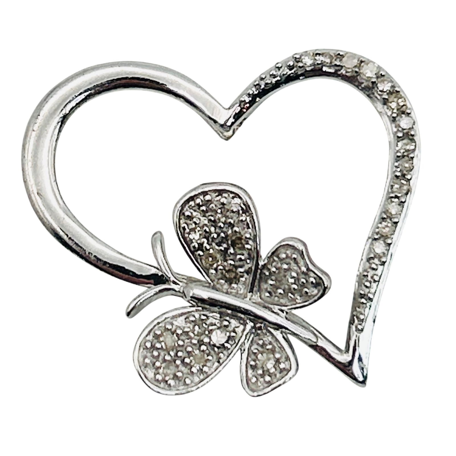 JTW Sterling Diamond Butterfly Heart Pendant: JTW sterling diamond butterfly heart pendant. 2.90 g.