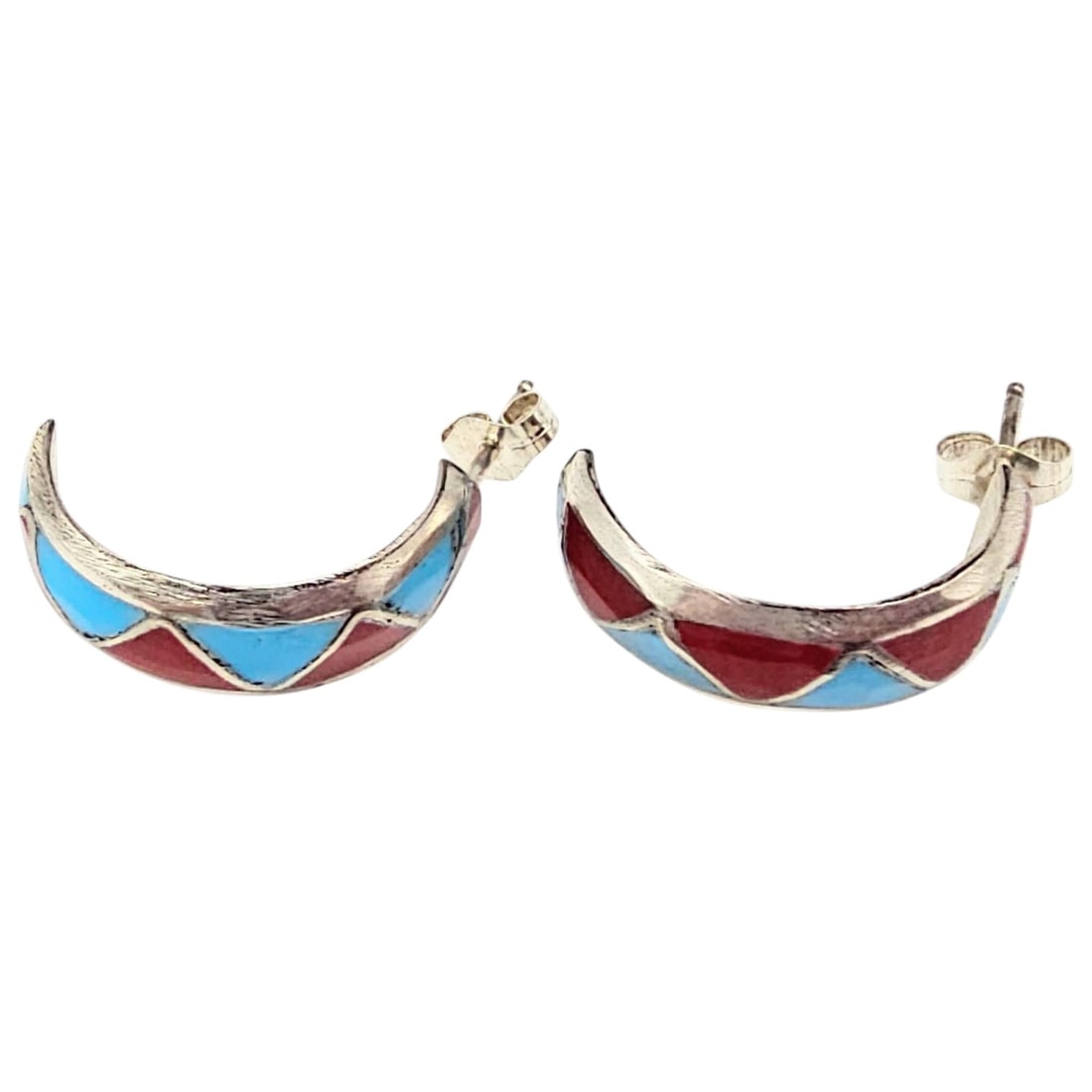 Raymond Morgan Navajo Handmade Sterling Silver Multi-Stone Earrings: Navajo handmade earrings by Raymond Morgan, crafted from sterling silver. Features a multi-color inlay design with turquoise and coral accents. Marked as 'Sterling' on the back of the earrings. Weighs
