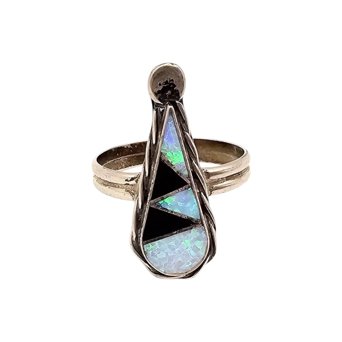 Swain Charlie Zuni Handmade Sterling Silver Multi-Stone Ring Size 7: Handmade sterling silver ring by Zuni artisan Swain Charlie, featuring a multi-stone inlay design. Ring is a size 7 and weighs 2.7 grams. It displays a pear-shaped design with geometric inlay patterns