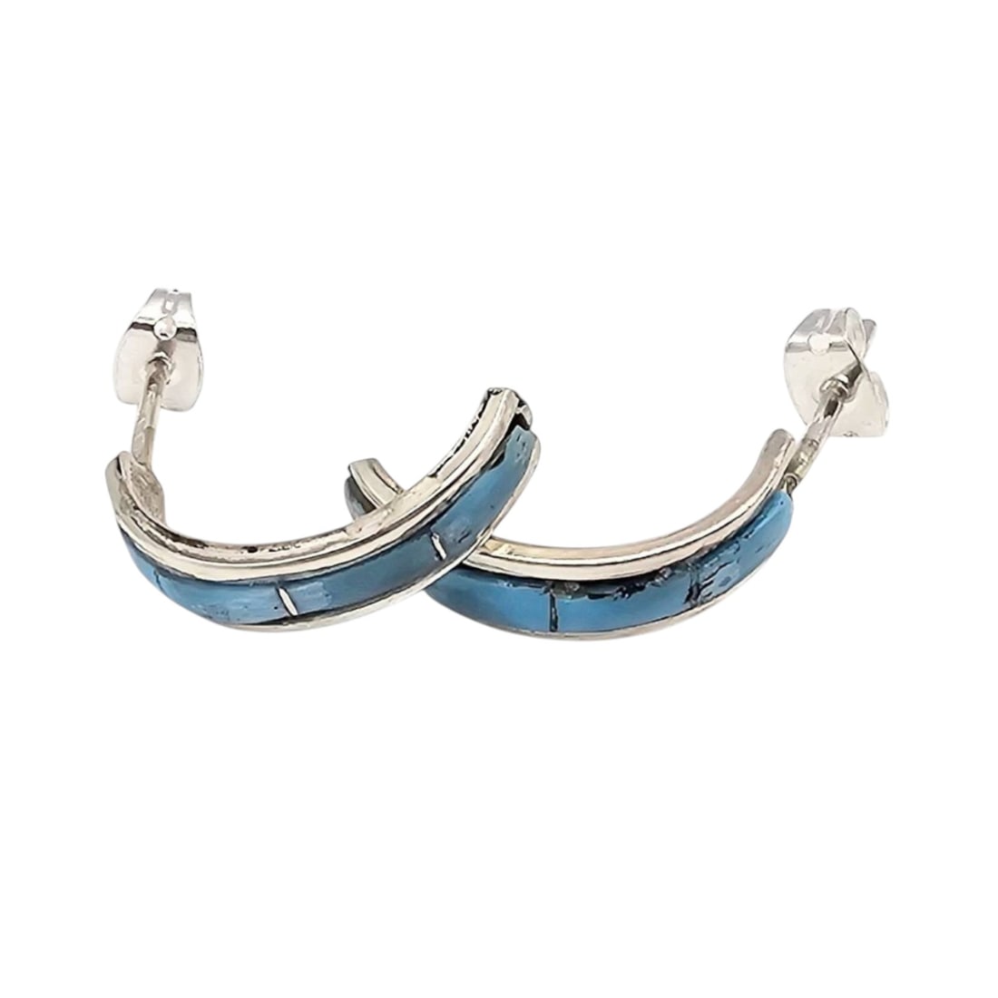 Kent Lonjose Zuni Sterling Silver Kingman Turquoise Earrings: Handmade earrings by Kent Lonjose from the Zuni tribe featuring sterling silver and Kingman turquoise inlay. They weigh approximately 2.1 grams and measure about 1 inch in length. Stamped 'STERLING' o