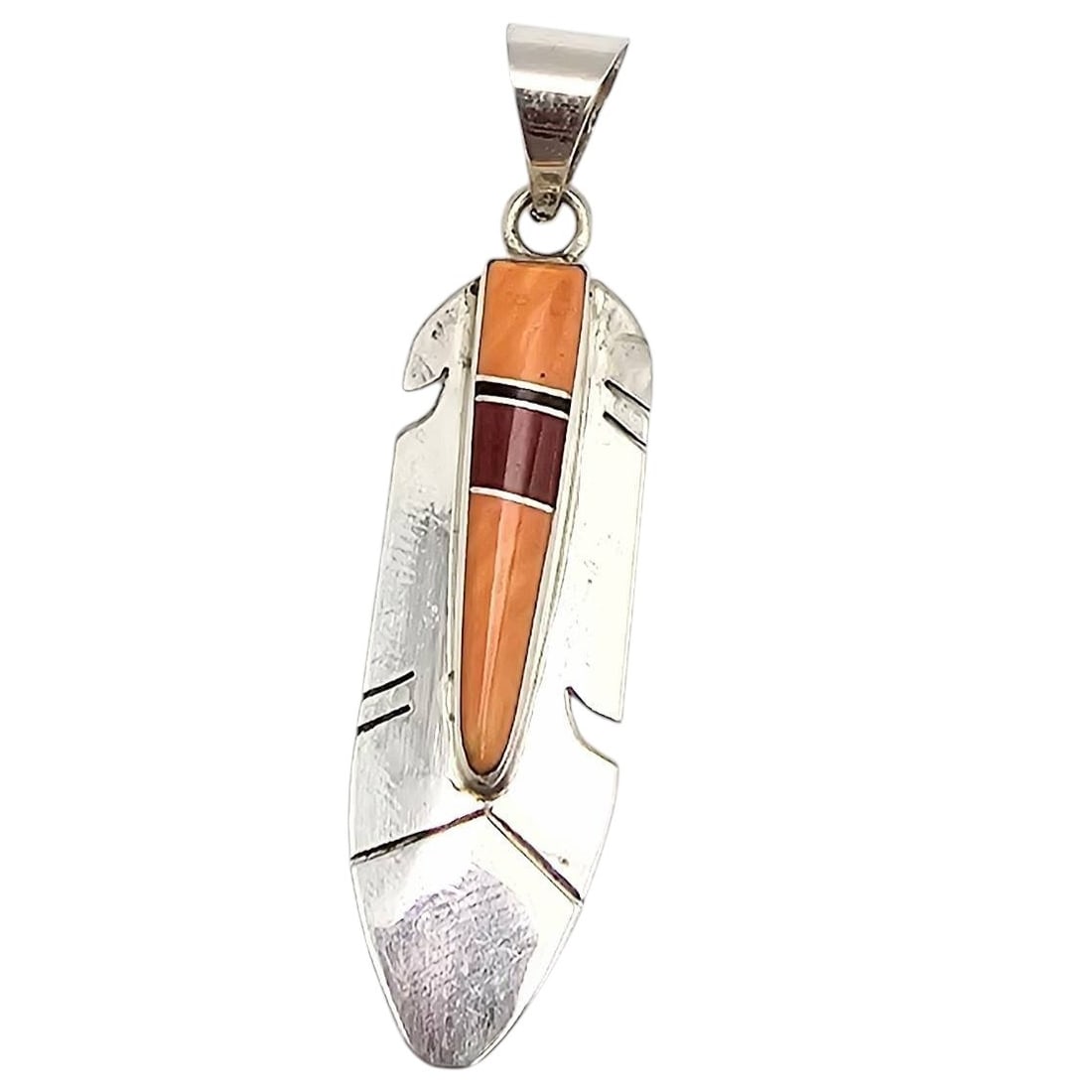 Mary Yazzie Navajo Handmade Sterling Silver Spiny Oyster & Coral Feather Pendant (1 of 4)