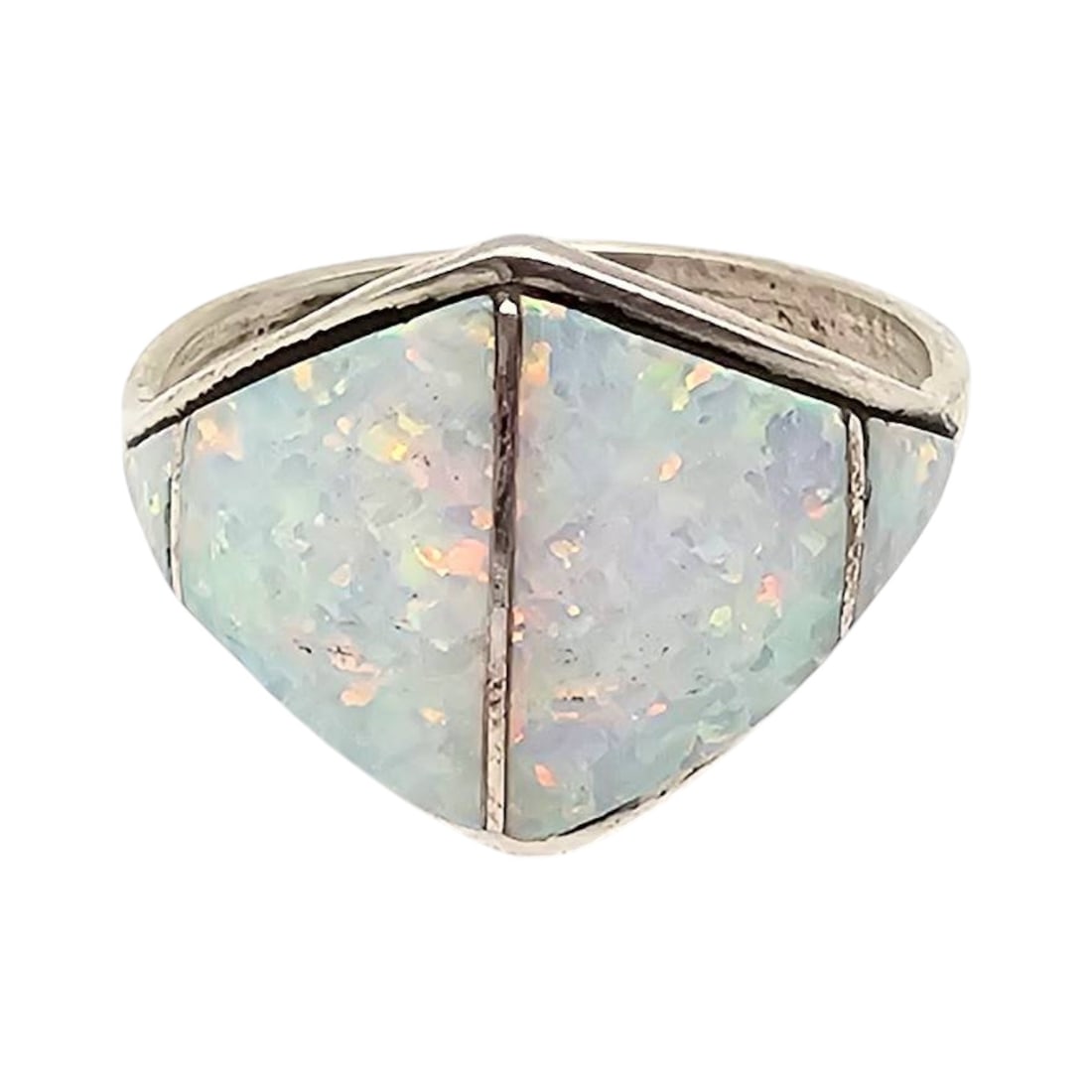 Rick Enriquez Navajo Handmade Sterling Silver Opal Ring Size 7.5: Sterling silver ring handmade by Navajo artisan Rick Enriquez featuring a striking opal inlay. The ring is marked on the inside, exhibits a weight of 2 grams, and is size 7.5. The opal displays a