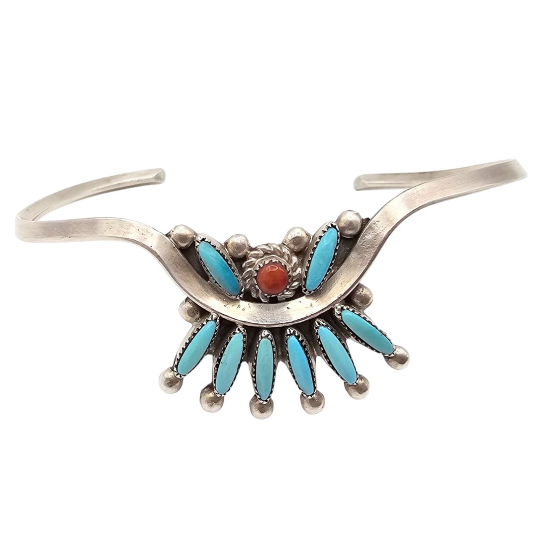 E. Weeka Zuni Handmade Turquoise Coral Sterling Silver Bracelet: Handmade bracelet by E. Weeka, featuring Zuni craftsmanship. Constructed from sterling silver with a design incorporating turquoise and a center red coral stone. Weighing approximately 8.2 grams, it m