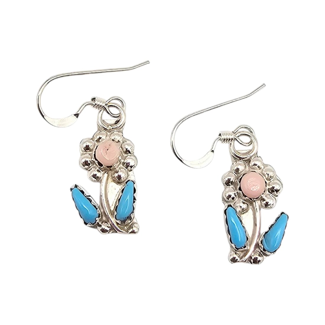 Diana Quam Zuni Sterling Silver Turquoise Coral Earrings: Sterling silver earrings handcrafted by Zuni artisan Diana Quam. Each earring features floral motifs with turquoise and pink coral inlay. The earrings weigh approximately 2 grams together and come
