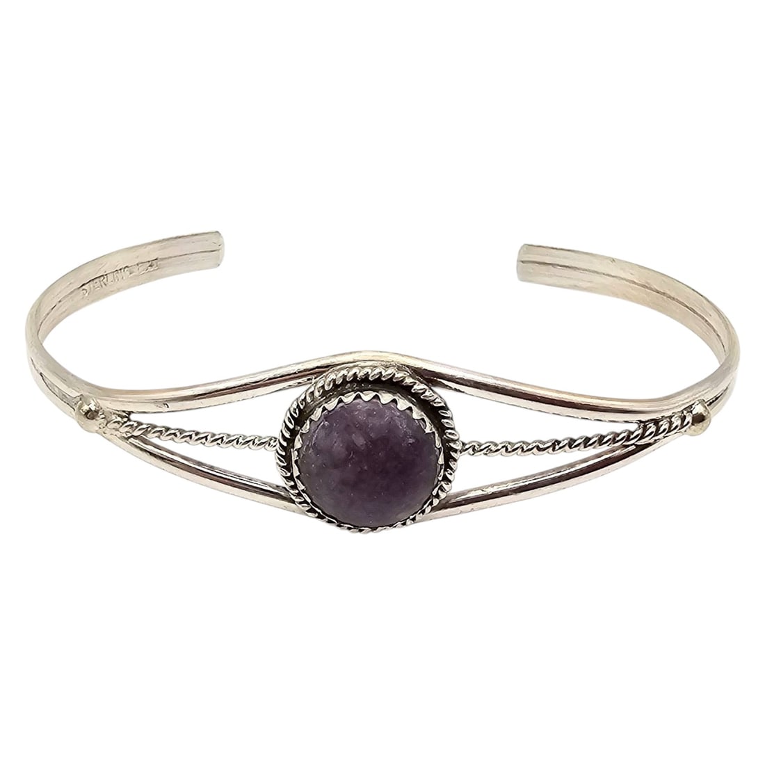 Navajo Esther White Handmade Sterling Silver Charoite Bracelet: Navajo handmade bracelet crafted by Esther White featuring a central charoite stone set in sterling silver. Intricate wirework design enhances the piece, showcasing traditional craftsmanship. Weighs a