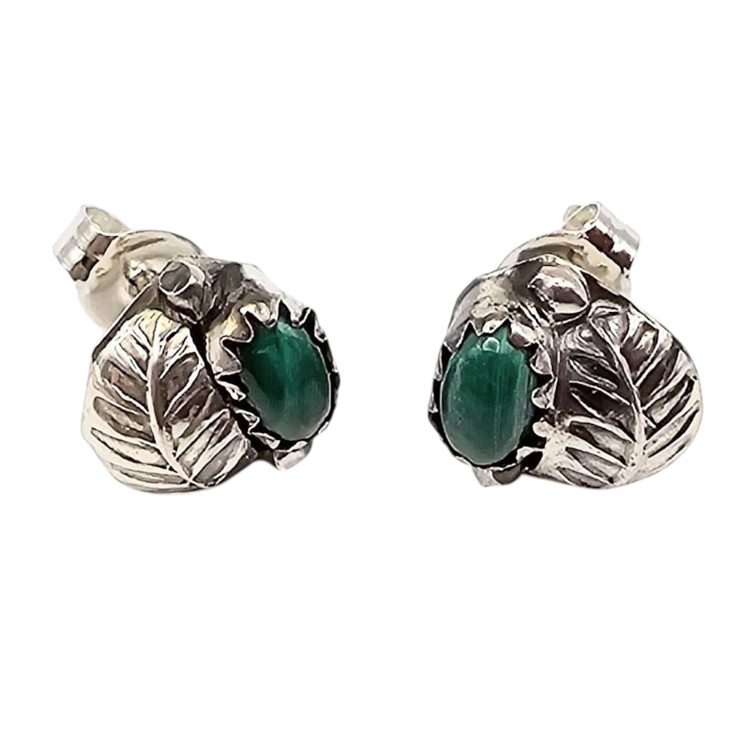 Genuine Navajo Roselene Joe Handmade Sterling Silver Earrings: Sterling silver earrings handcrafted by Navajo artisan Roselene Joe. These earrings feature a design of leaves and green oval stones, likely malachite or turquoise, as centerpieces. The earrings