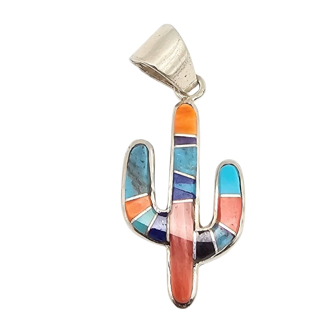 Aldora Henry, Navajo Handmade Sterling Silver Multi-Stone Inlay Pendant: Sterling silver pendant handcrafted by Navajo artisan Aldora Henry. Features a cactus design with Multi-Stone inlay made of vibrant stones, including turquoise, coral, spiny oyster, lapis, and onyx, W