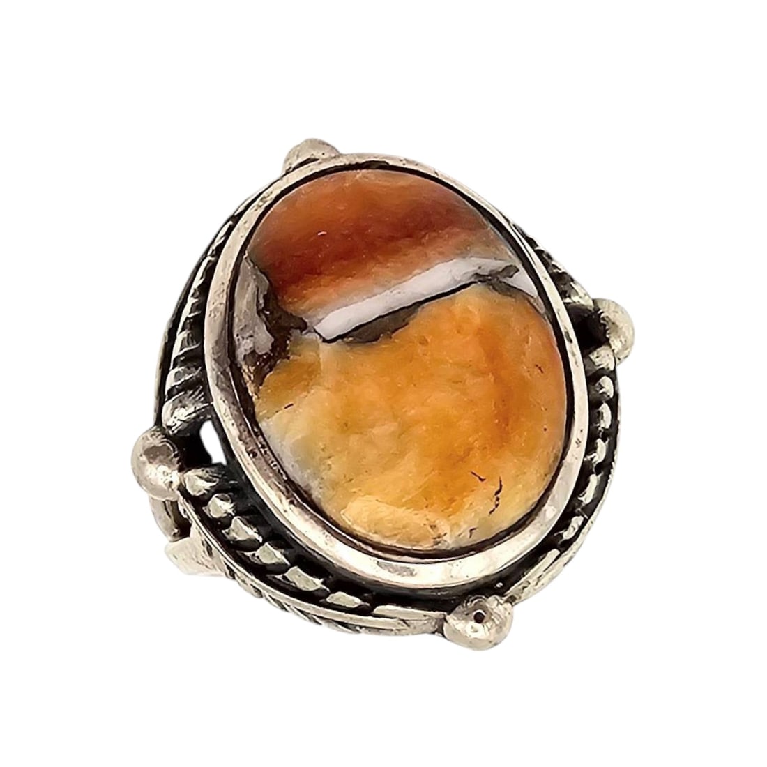 Hada Collection Sterling Silver Spiny Turquoise Ring Size 6: Sterling silver ring from the Hada Collection featuring a spiny turquoise stone. The ring is a size 6 and weighs approximately 9 grams. The design includes decorative silver accents surrounding the st