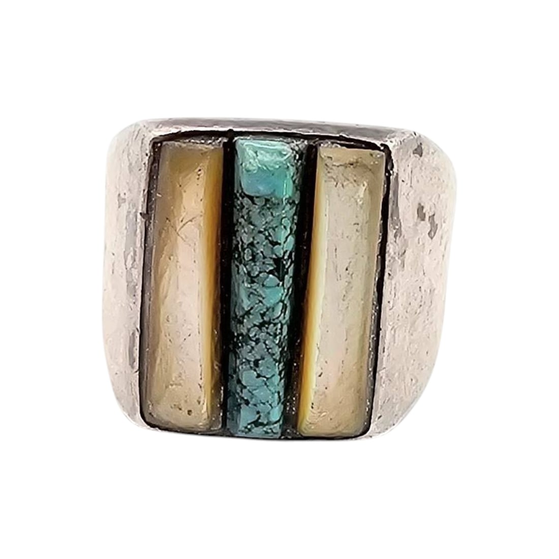 Signed Sterling Silver Mother-of-Pearl Turquoise Inlay Ring Size 8.5: Signed sterling silver ring featuring striking inlay details with mother of pearl and turquoise. The ring is size 8.5 and weighs approximately 12.5 grams.