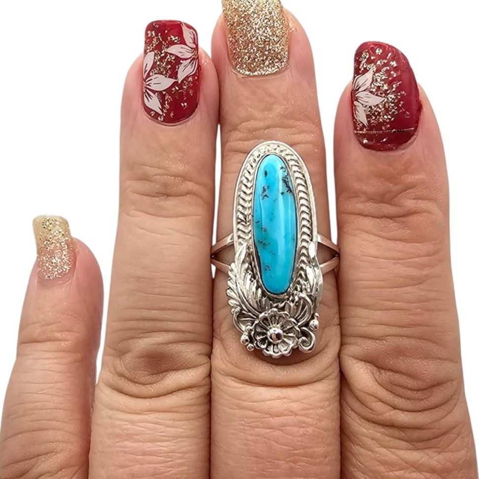 Signed Sterling Silver Turquoise Ring Size 7.5 - 2