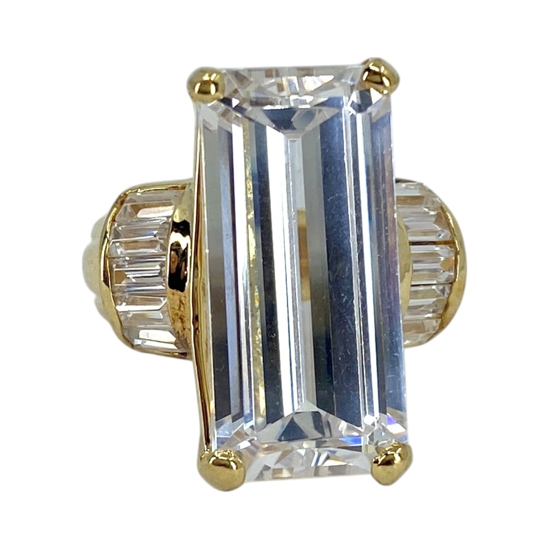 Signed Gold Over Sterling Rhinestone Emerald Cut Cocktail Ring 12g sz 5.75: Signed Gold Over Sterling Rhinestone Emerald & Baguette Cut Cocktail Ring 12g sz 5.75, Engraved 925 & Diamond Hallmark