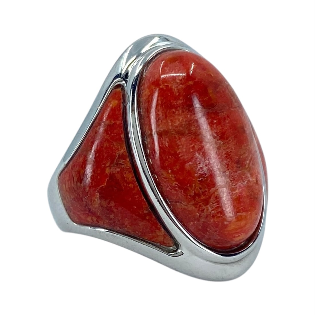 Signed Sterling Red Spiny Oyster Statement Ring 10g sz 8: Signed Sterling Red Spiny Oyster Statement Ring 10g sz 8 Engraved DK 925