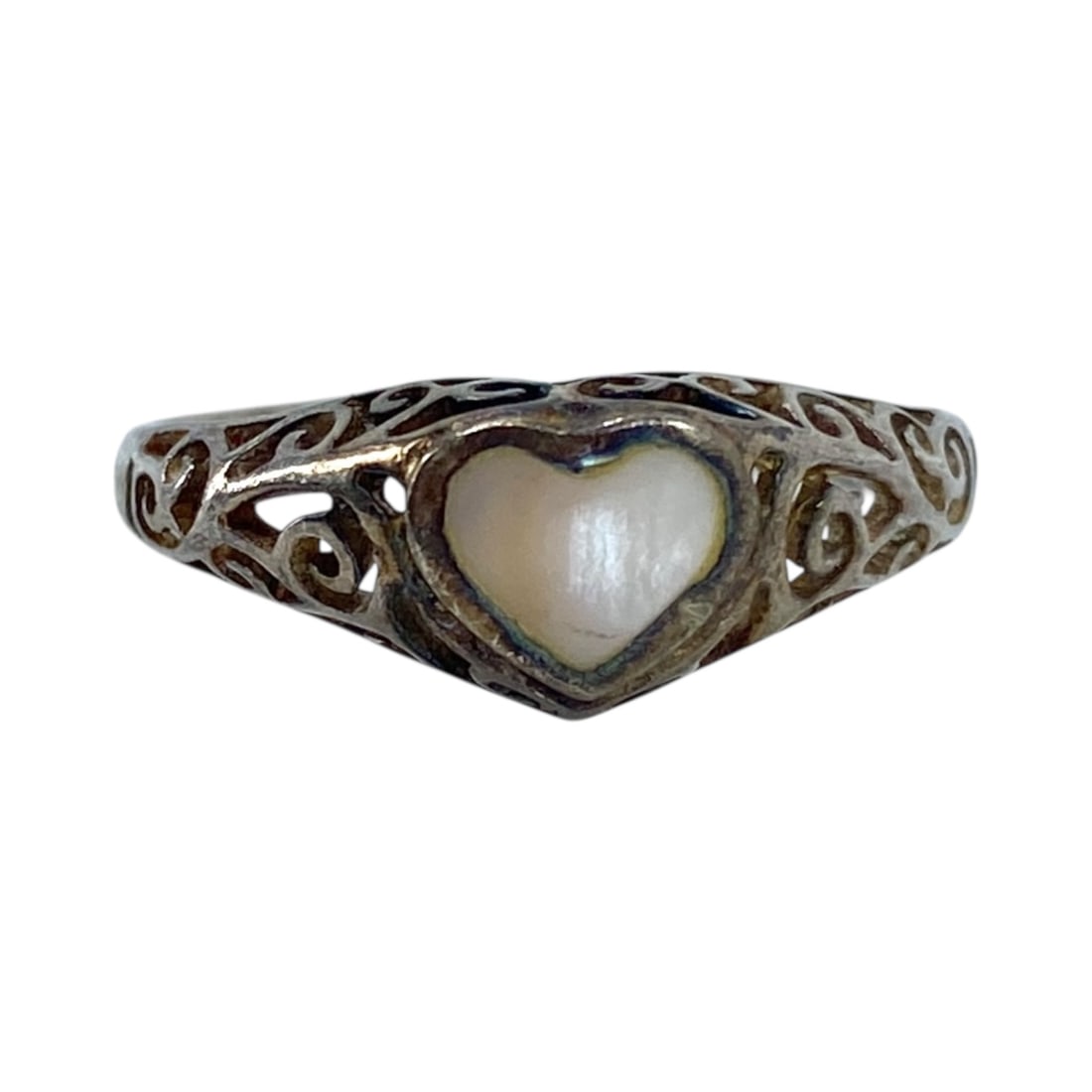 Sterling Mother of Pearl Filigree Heart Ring 2g sz 6.75: Sterling Mother of Pearl Filigree Heart Ring 2g sz 6.75 Engraved 925