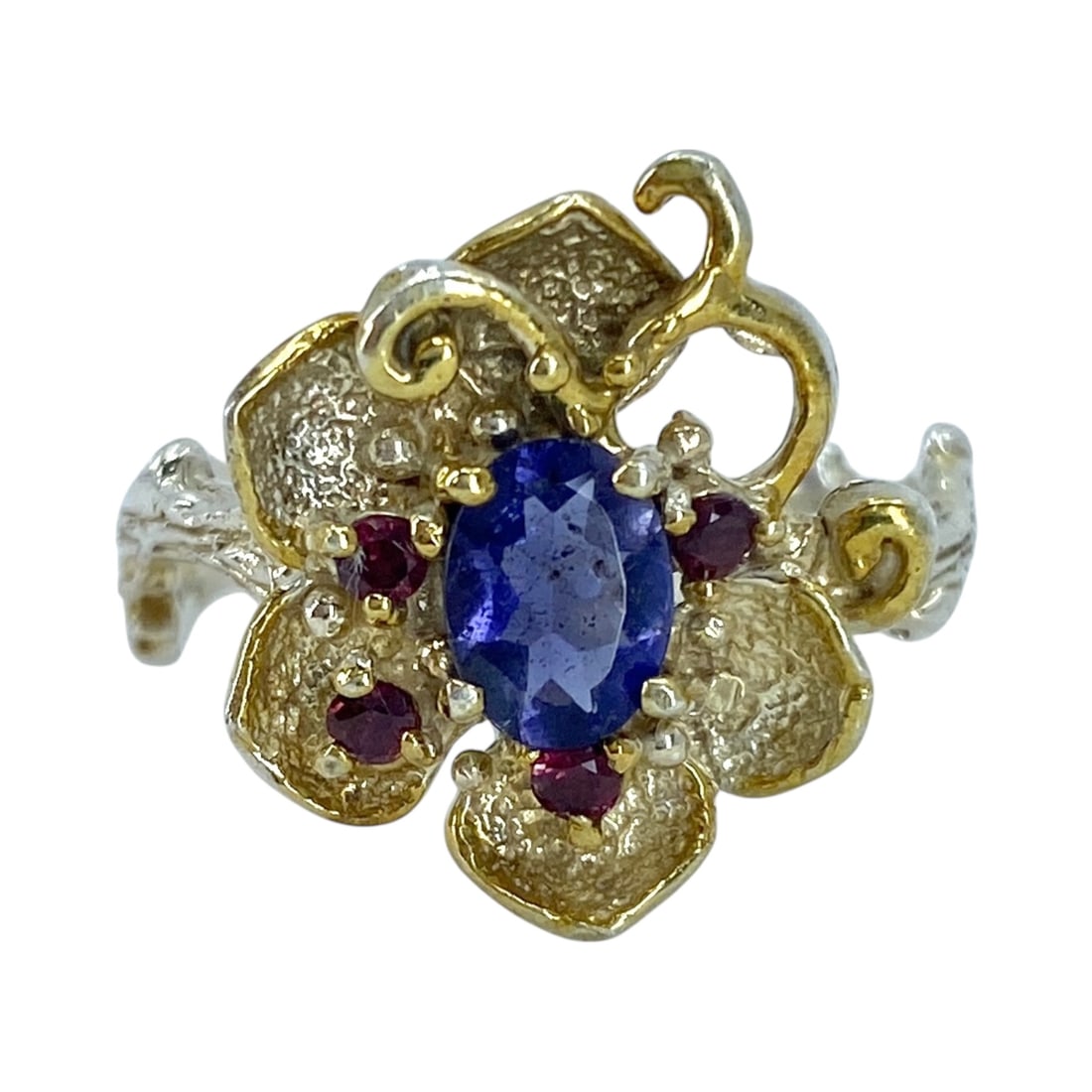 Sterling MultiStone Flower Branch Ring 5.5g sz 8.5: Sterling Oval Tanzanite and Garnet Flower Branch Ring 5.5g sz 8.5 Engraved 925