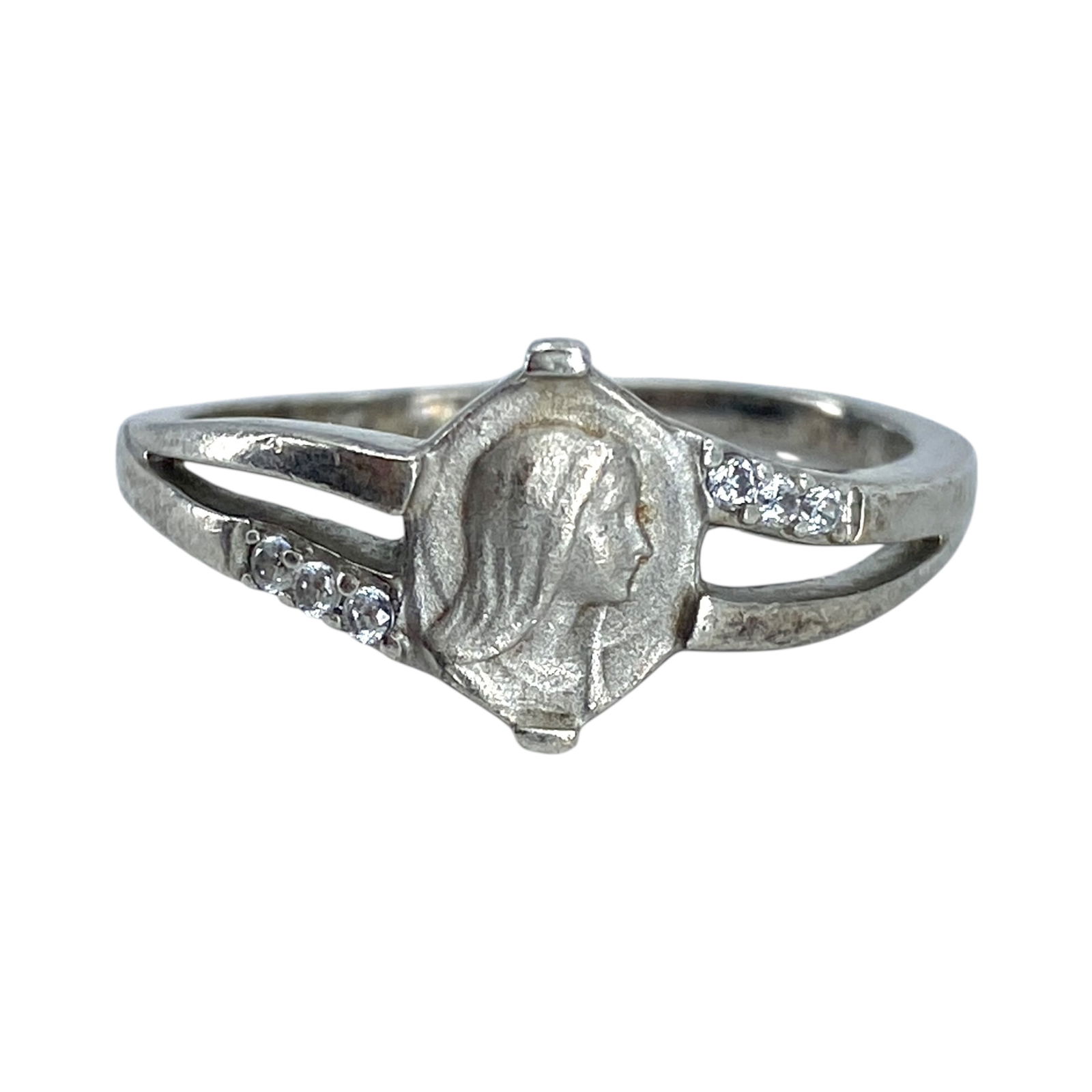 Lourdes Sterling Rhinestone Mary Medallion Ring 3.14g sz 8.25: Lourdes Sterling Rhinestone Mary Medallion Ring 3.14g sz 8.25 Engraved Lourdes 925