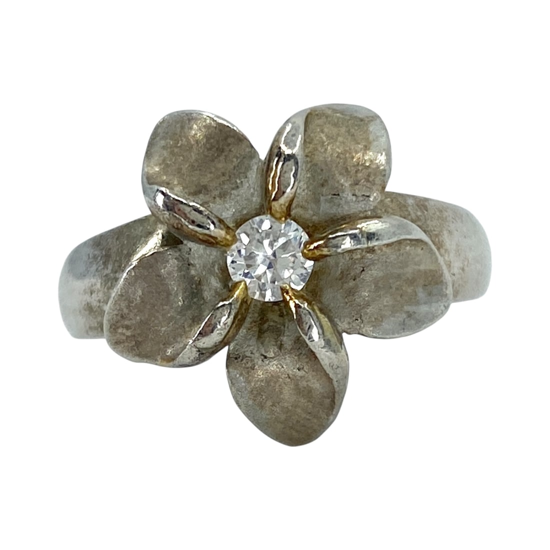 Signed Sterling Rhinestone Plumeria Flower Ring 5.1g sz 7 (1 of 5)